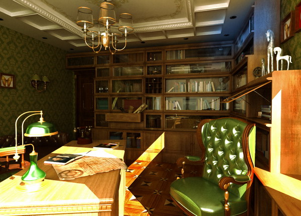 дизайн домашнего кабинета с зеленой лампой
